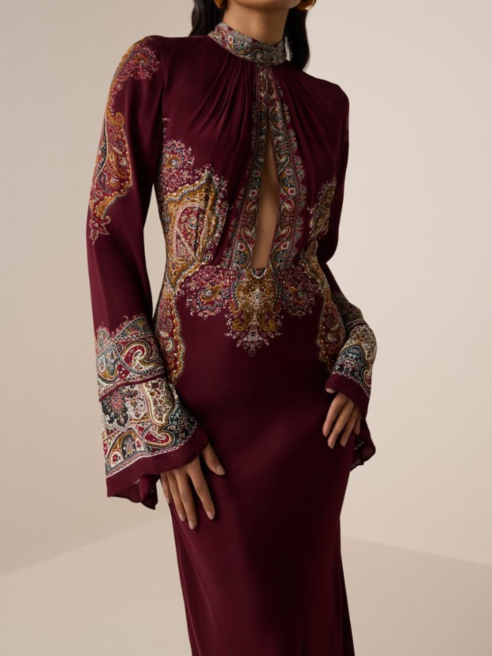 HEMANT AND NANDITA Long Dress in Burgundy red floral long sleeve maxi gown - Picture 3 of 8